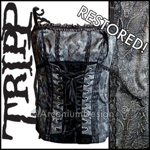 ❌SOLD Tripp Corset Mall Goth Pinup Gray Brocade Gothic Punk Bondage Vampire XL